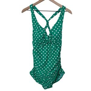 LL‎ Bean Women's Green White Polka Dot One Piece Swimsuit Size 14 UPF Vacation